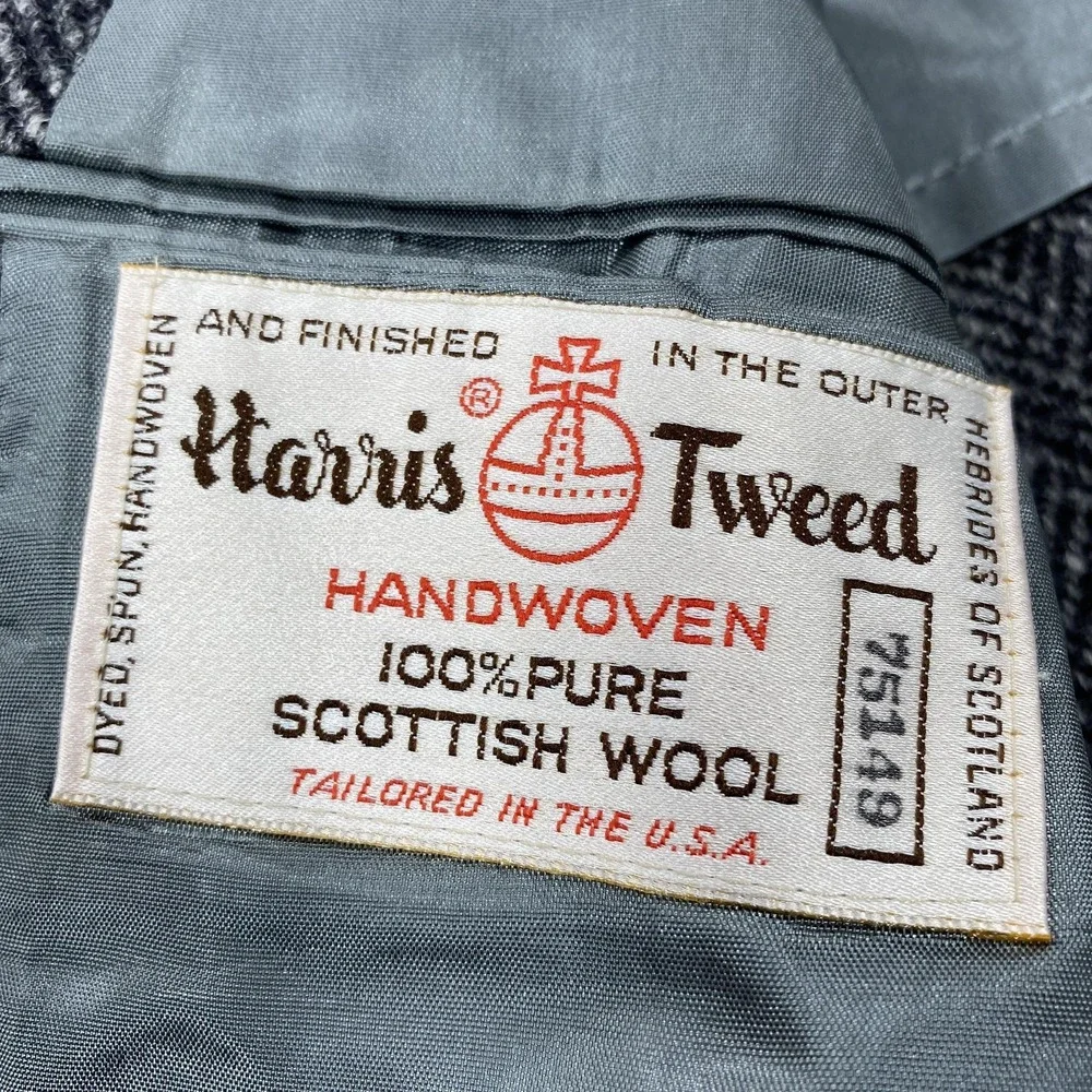 Harris Tweed Sport‎ Coat Mens 44 Gray Herringbone Wool Two Button Lined